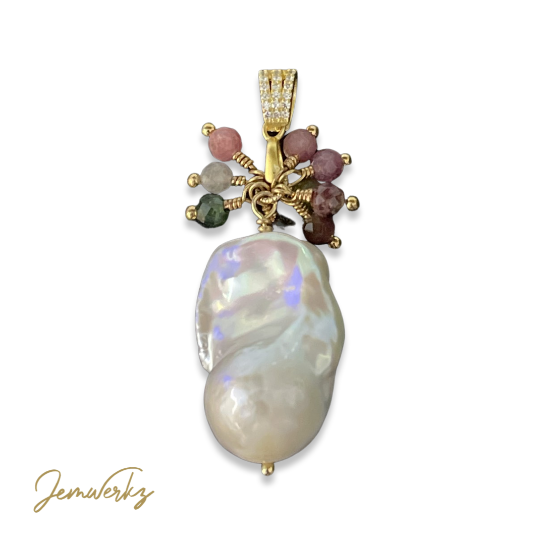 PRIMROSE - Baroque Pearl and Faceted Tourmaline Cluster Pendant