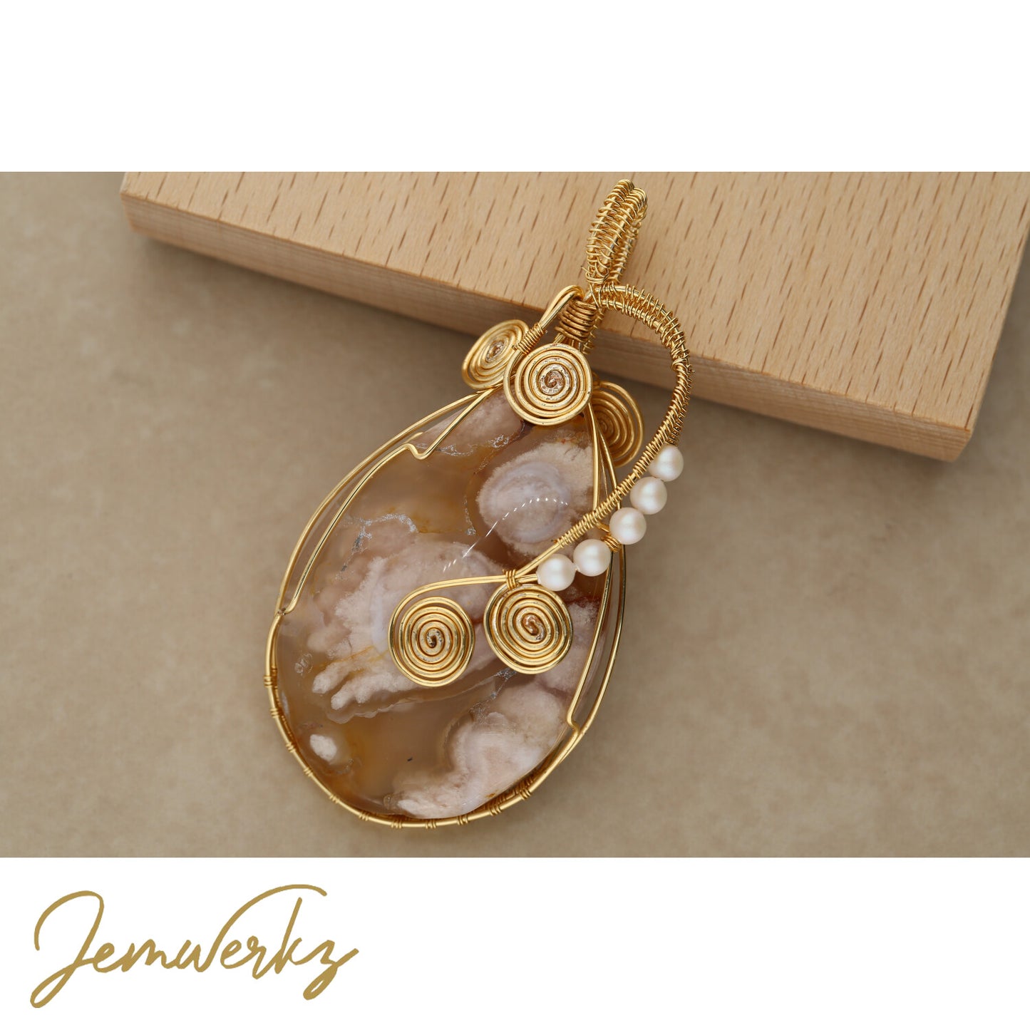 SELENE - Sakura Agate Wire-wrapped Pendant