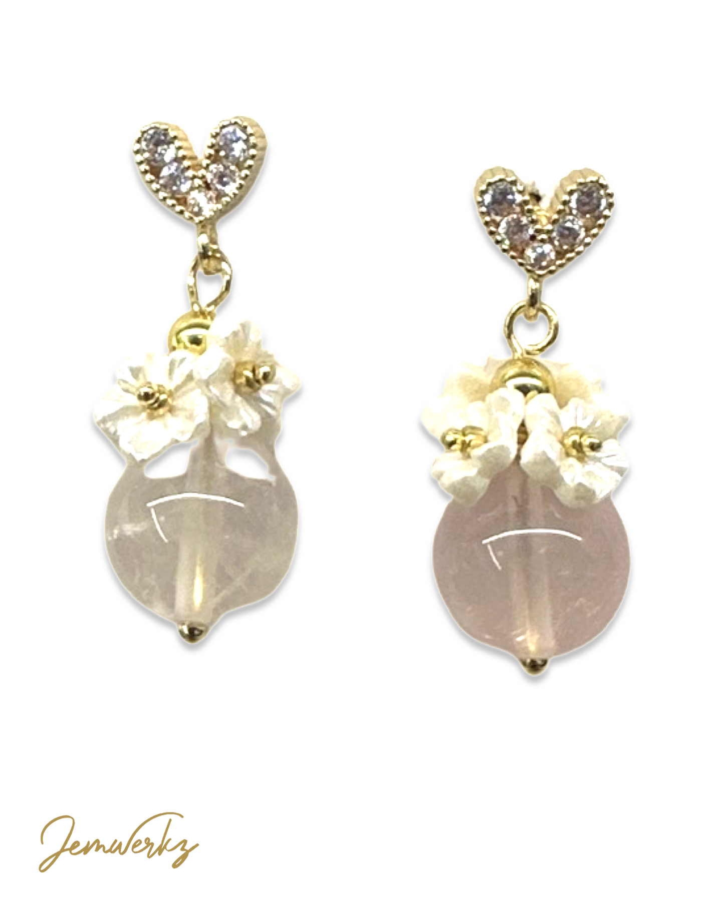 RIMI - Madagascar Rose Quartz Earrings with Pearl Shell Flower