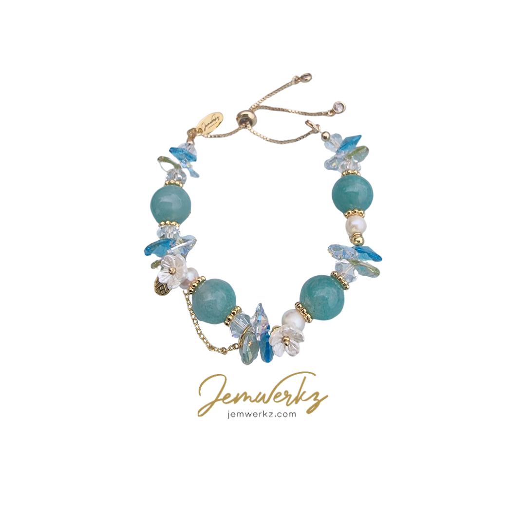 HANAMI - Floral Bracelet (Choice of Gemstone) with Clear Quartz, Freshwater Pearls, Pearl Shell Flowers and Swarovski Crystals