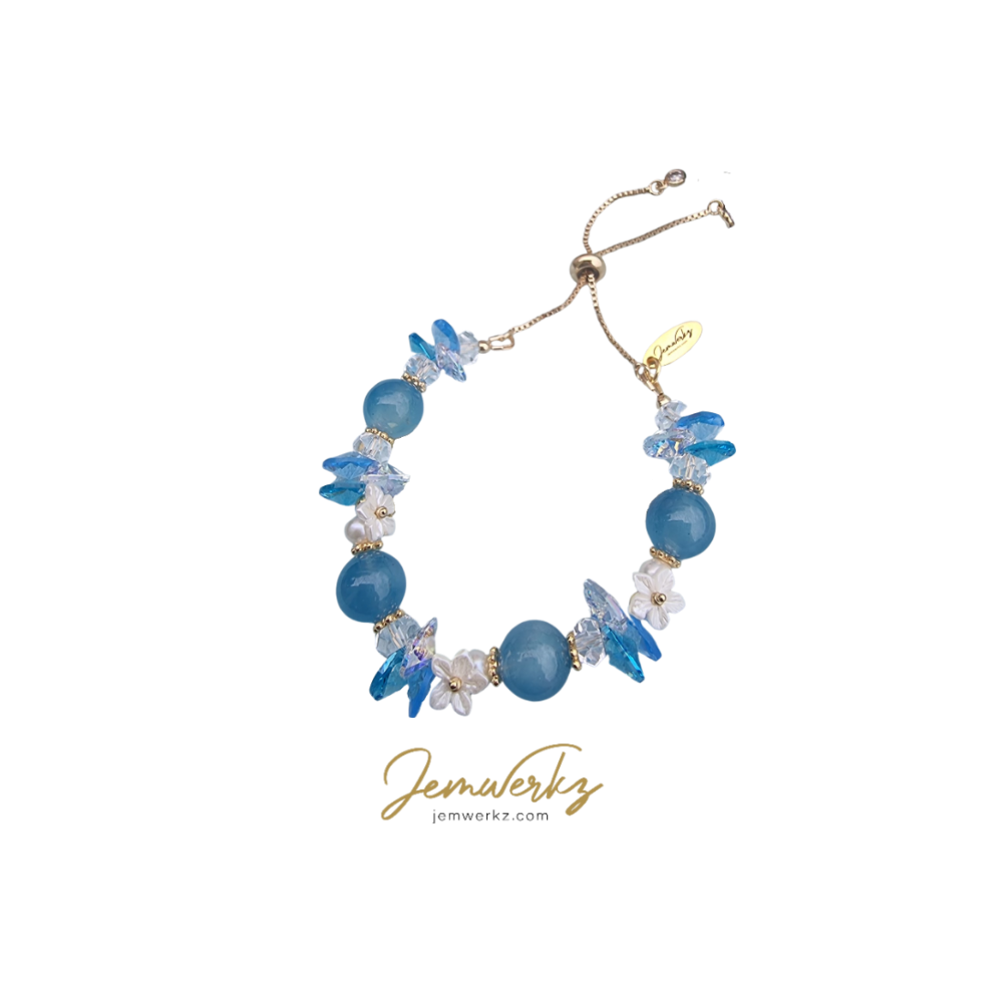 HANAMI - Floral Bracelet (Choice of Gemstone) with Clear Quartz, Freshwater Pearls, Pearl Shell Flowers and Swarovski Crystals