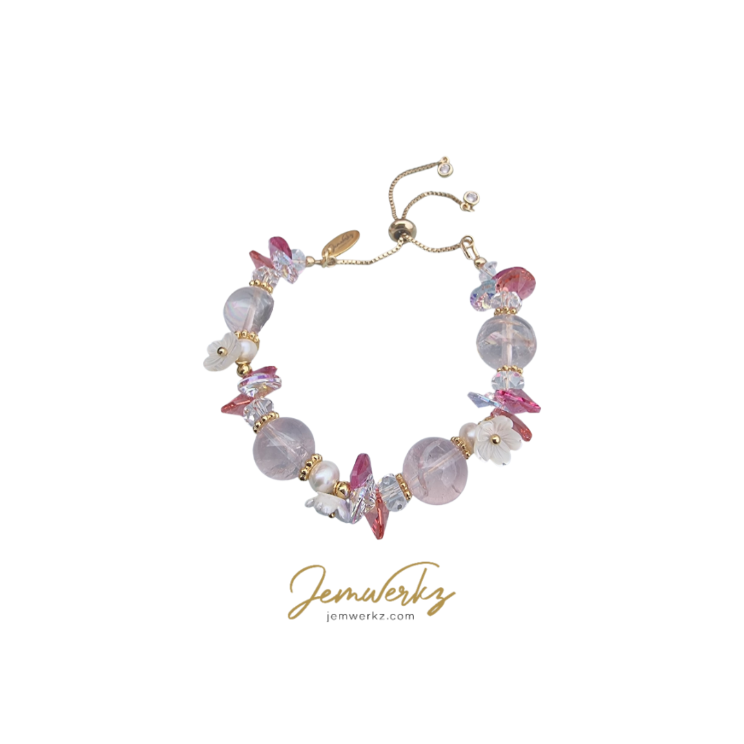 HANAMI - Floral Bracelet (Choice of Gemstone) with Clear Quartz, Freshwater Pearls, Pearl Shell Flowers and Swarovski Crystals