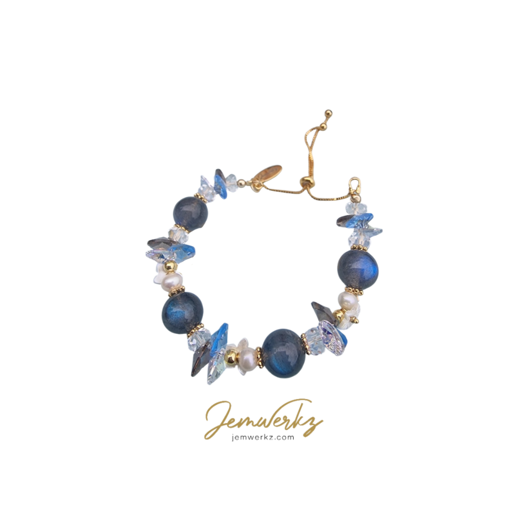 HANAMI - Floral Bracelet (Choice of Gemstone) with Clear Quartz, Freshwater Pearls, Pearl Shell Flowers and Swarovski Crystals