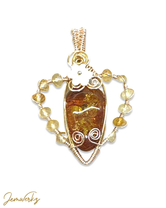 Load image into Gallery viewer, ARVILLA - Amber Wire-wrapped Pendant with Faceted Citrine and Pearl Shell Flower
