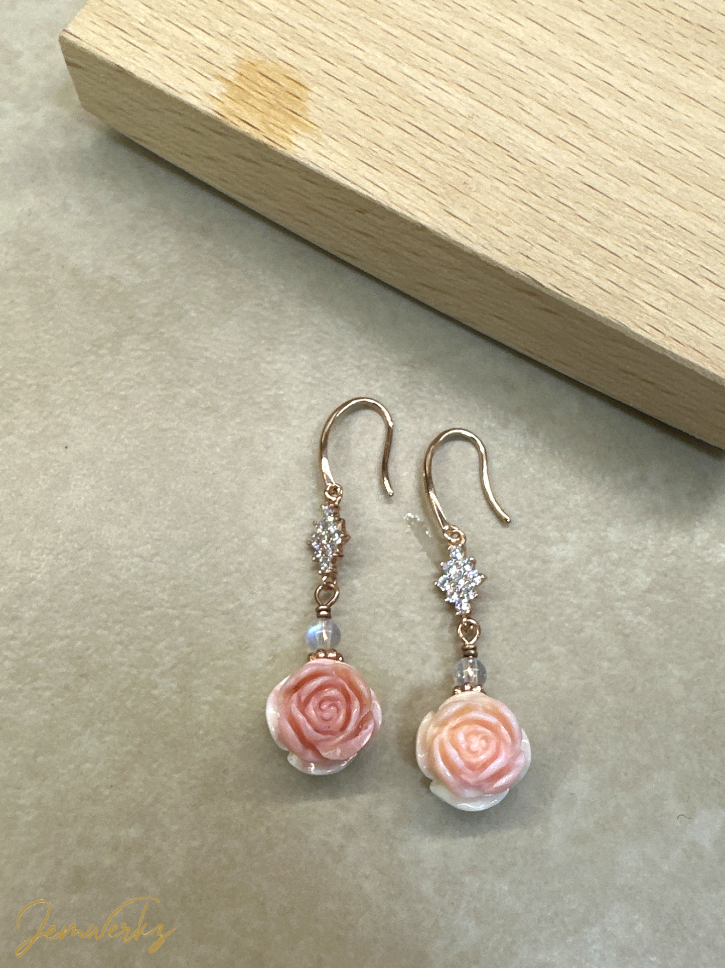 QUINN 1.2 - Queen Conch Shell Rose with Moonstone Earrings