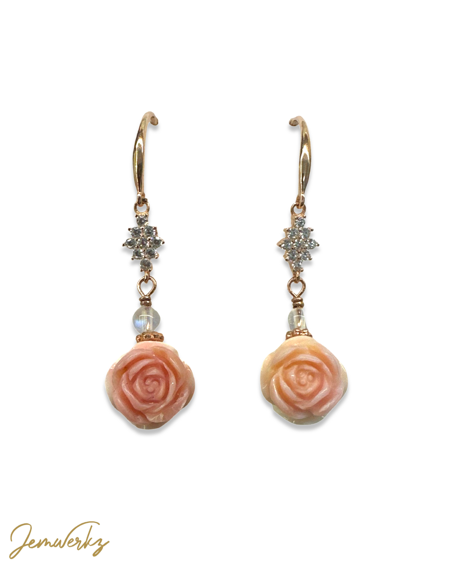 Load image into Gallery viewer, QUINN 1.2 - Queen Conch Shell Rose with Moonstone Earrings
