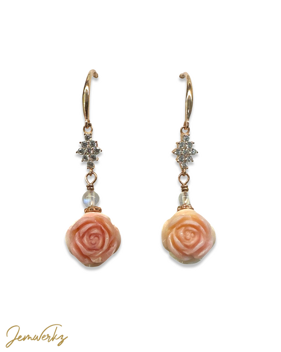 QUINN 1.2 - Queen Conch Shell Rose with Moonstone Earrings