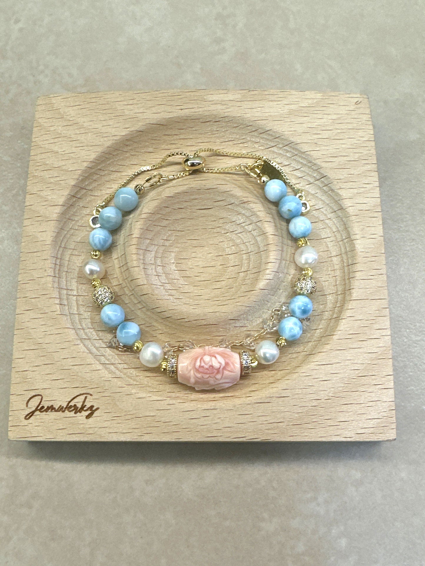 QUANAH - Queen Conch Peony Barrel with Larimar and Freshwater Pearls Bracelet