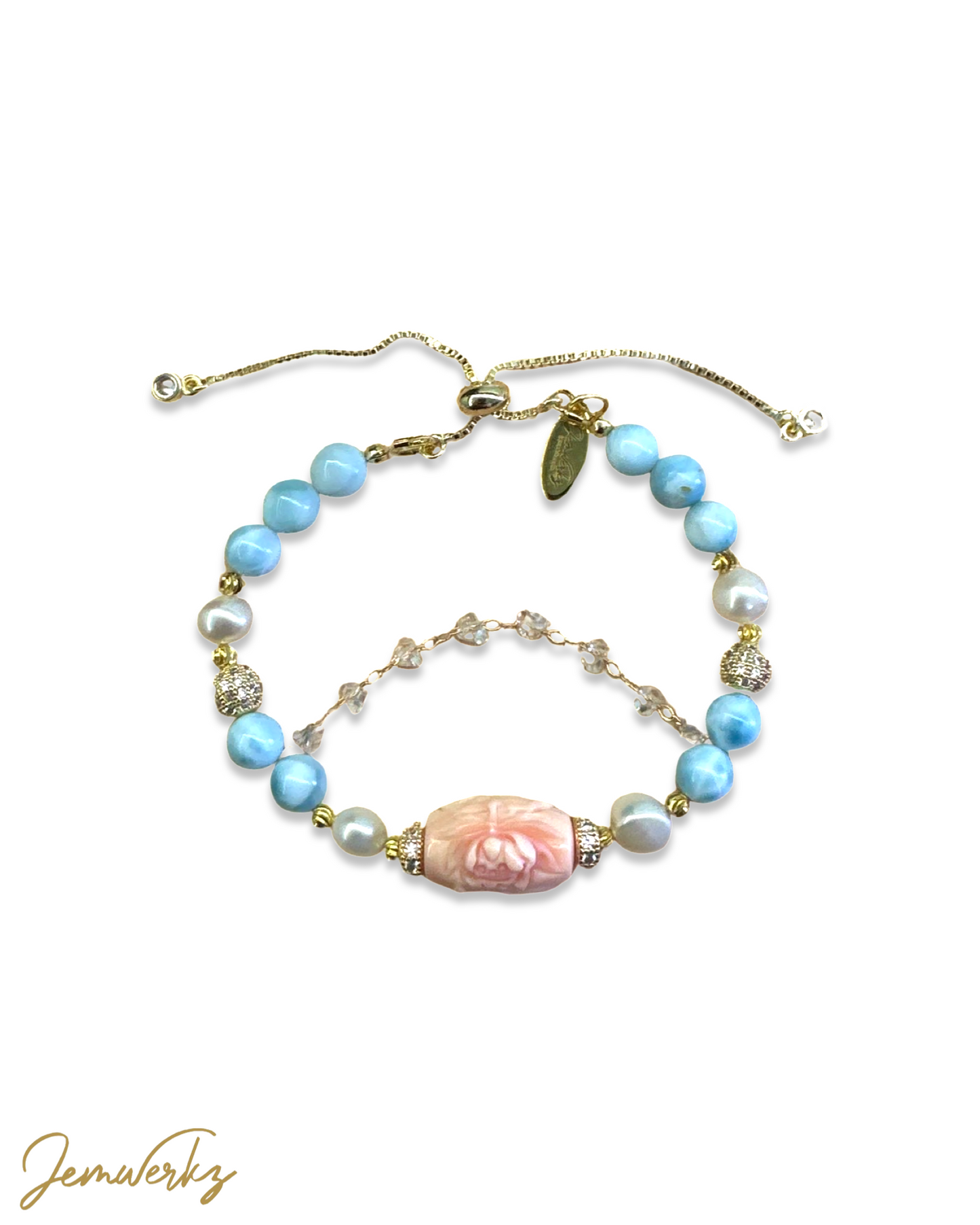 QUANAH - Queen Conch Peony Barrel with Larimar and Freshwater Pearls Bracelet