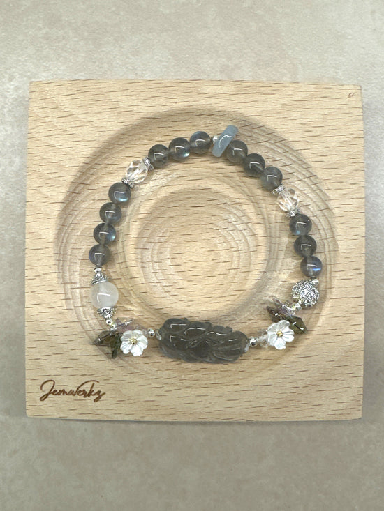 LENNOX FOX - Labradorite 9-tailed Fox with Moonstone, Faceted Clear Quartz, Pearl Shell Flower, Jade Ring and Swarovski Crystals Bracelet