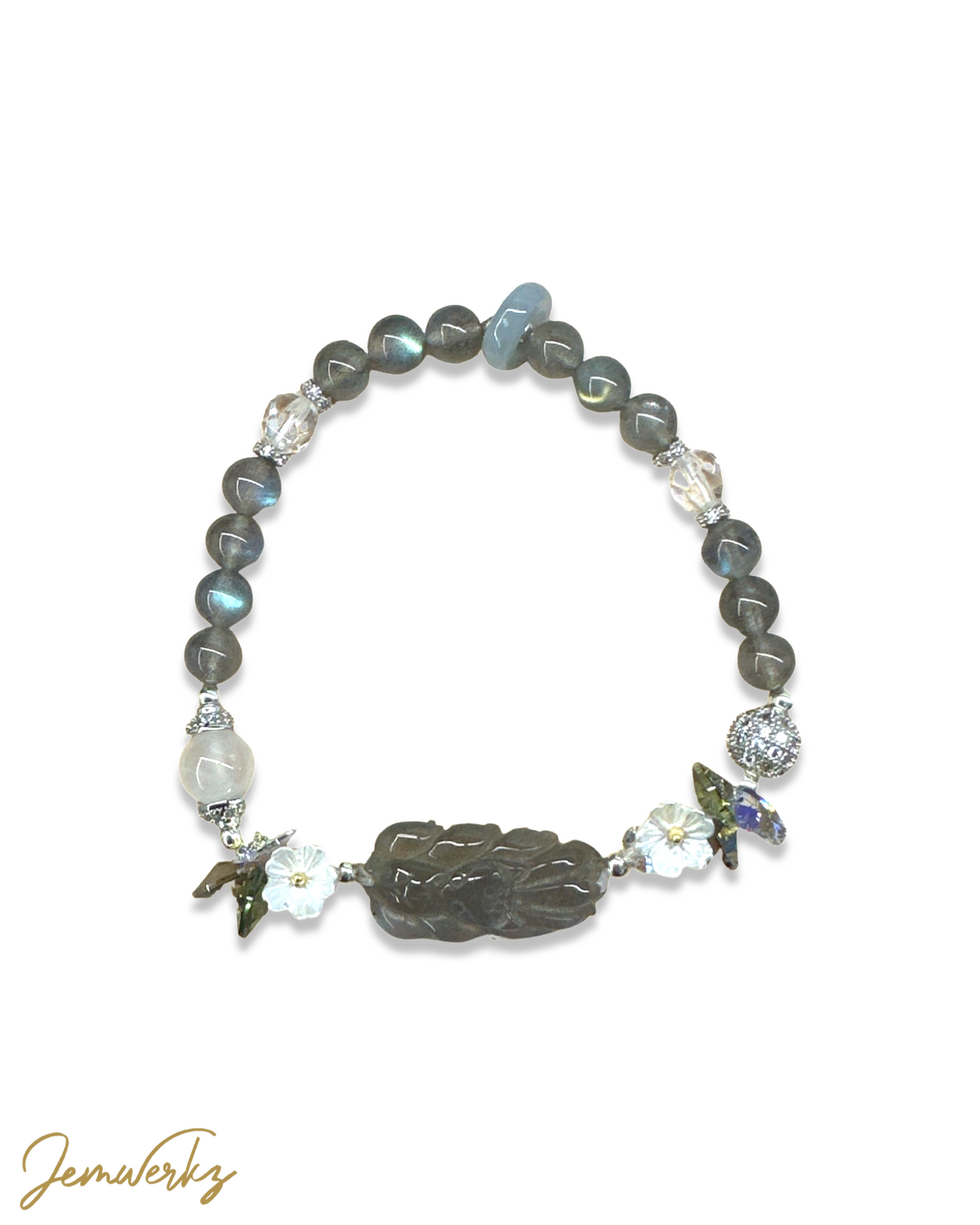 LENNOX FOX - Labradorite 9-tailed Fox with Moonstone, Faceted Clear Quartz, Pearl Shell Flower, Jade Ring and Swarovski Crystals Bracelet
