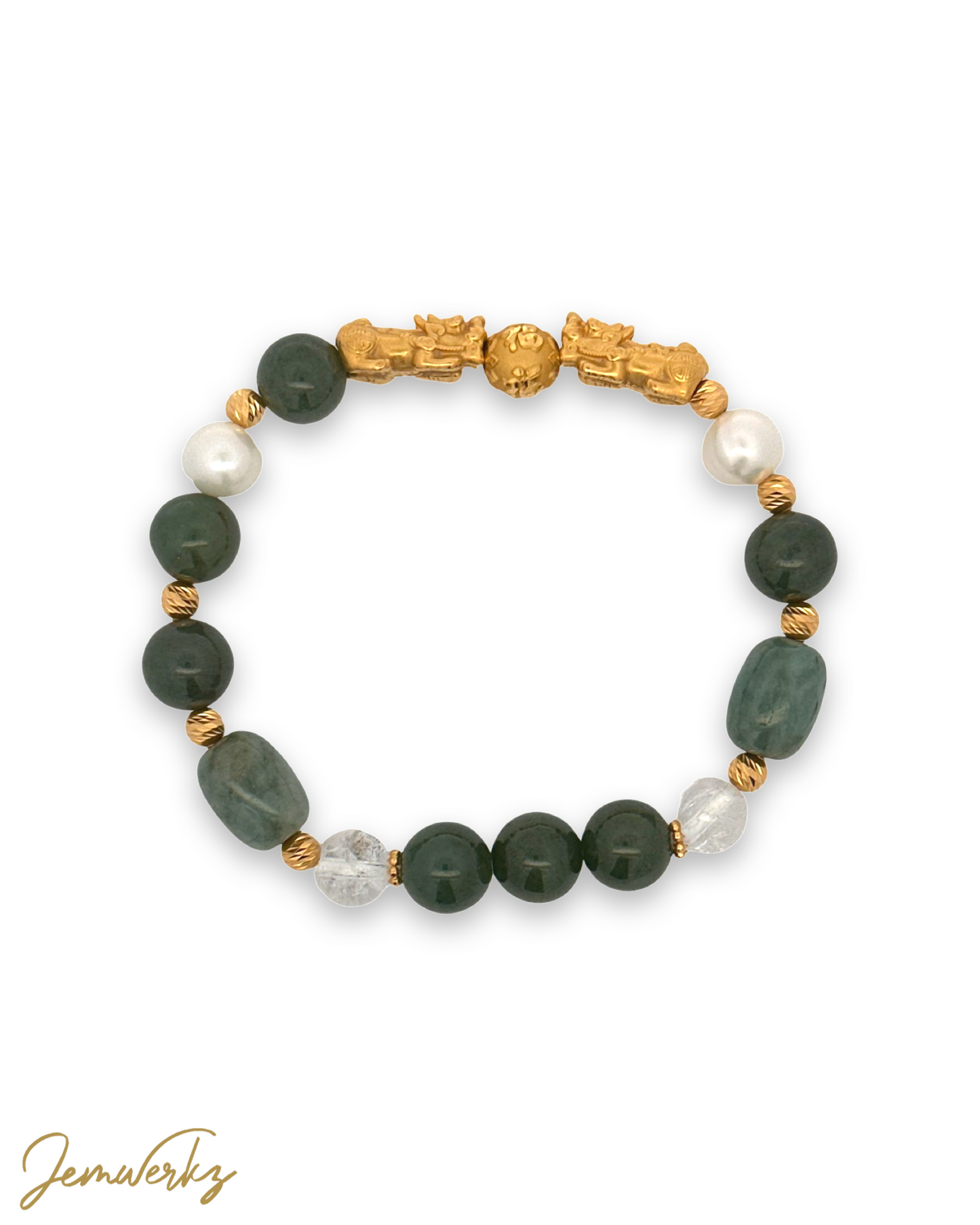 JORDANA GOLD 1.1 - 999 Pure Gold Pixiu with Jade Barrels, Jade, Crackled Clear Quartz, Freshwater Pearls and 916 Gold Spacers Bracelet