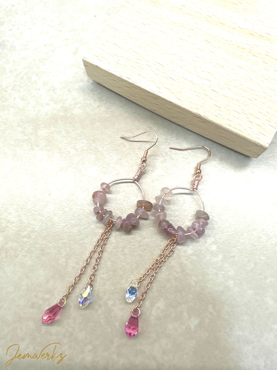 RAESHA - Rose Quartz Chips with Swarovski Teardrop Hoop Earrings