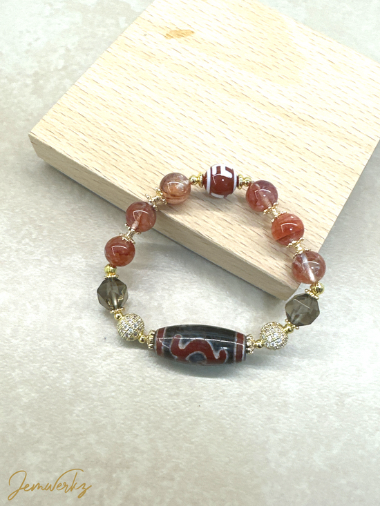 Load image into Gallery viewer, DAHLIA 1.0 - Dzi Ruyi and Swastika with Fire Quartz and Faceted Smoky Quartz Bracelet

