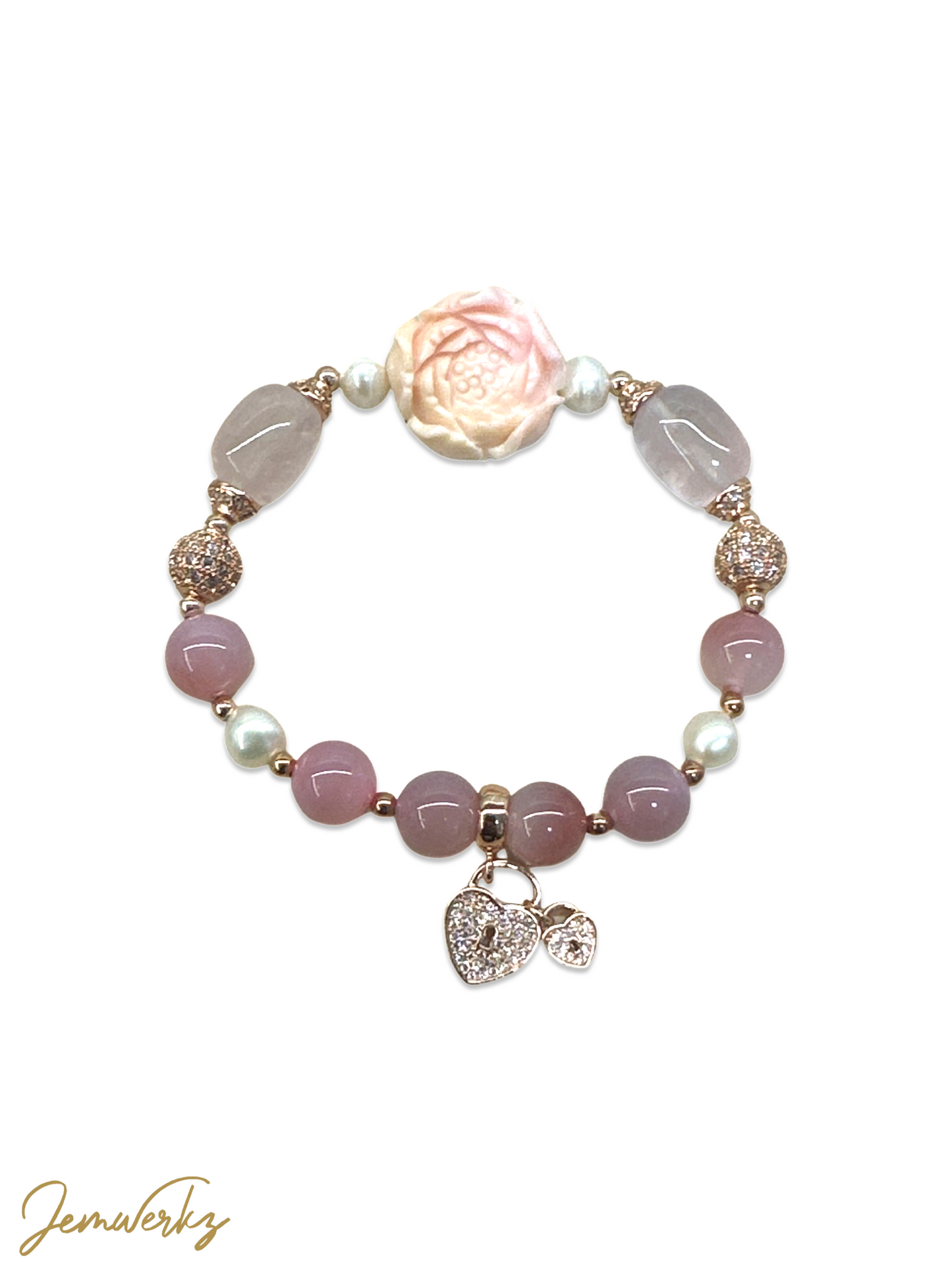 QUILLA - Queen Conch Peony , Rose Quartz Barrel, YanYuan Agate, Freshwater Pearls and Heart Charm Bracelet