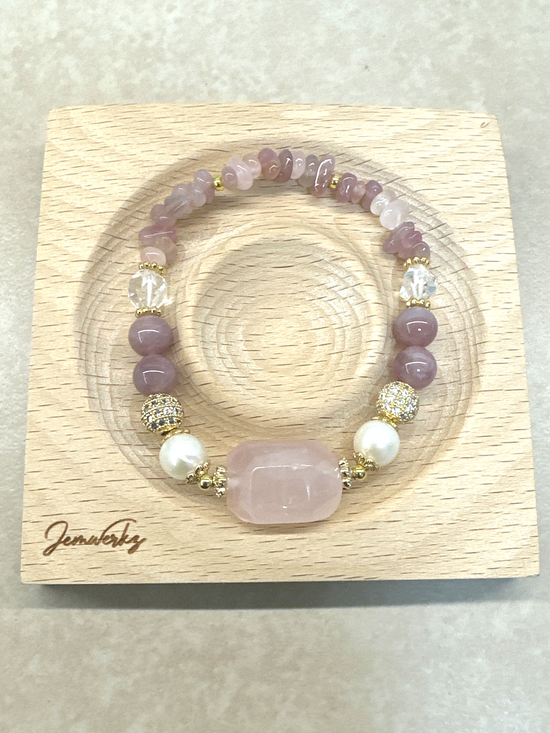 RAEVEE - Rose Quartz Freeform, Lavender Rose Quartz Beads and Chips, Freshwater Pearls, Clear Quartz Bracelet