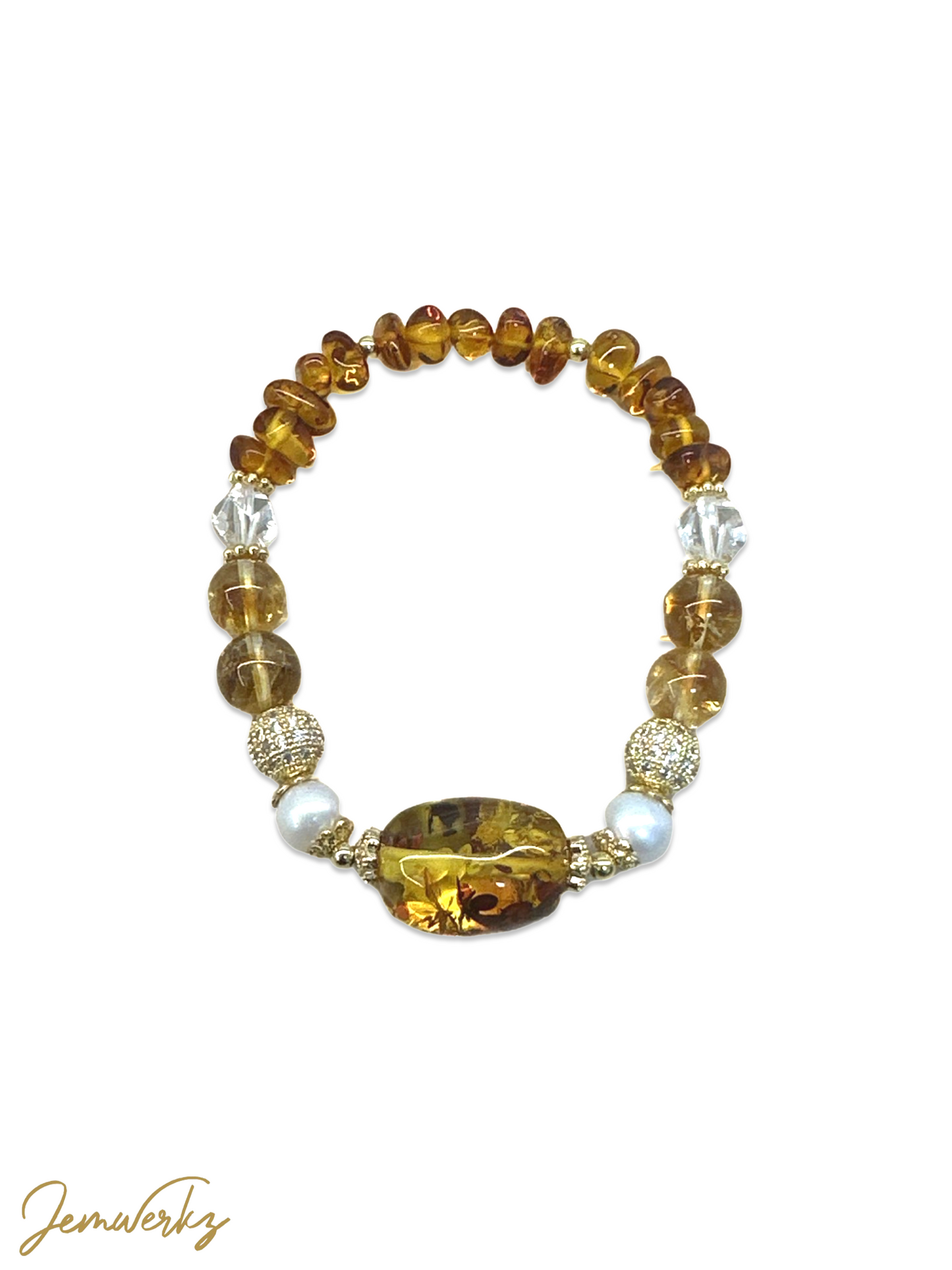 ASTRID - Flower Amber Freeform, Beads and Chips, Freshwater Pearls and Clear Quartz Bracelet