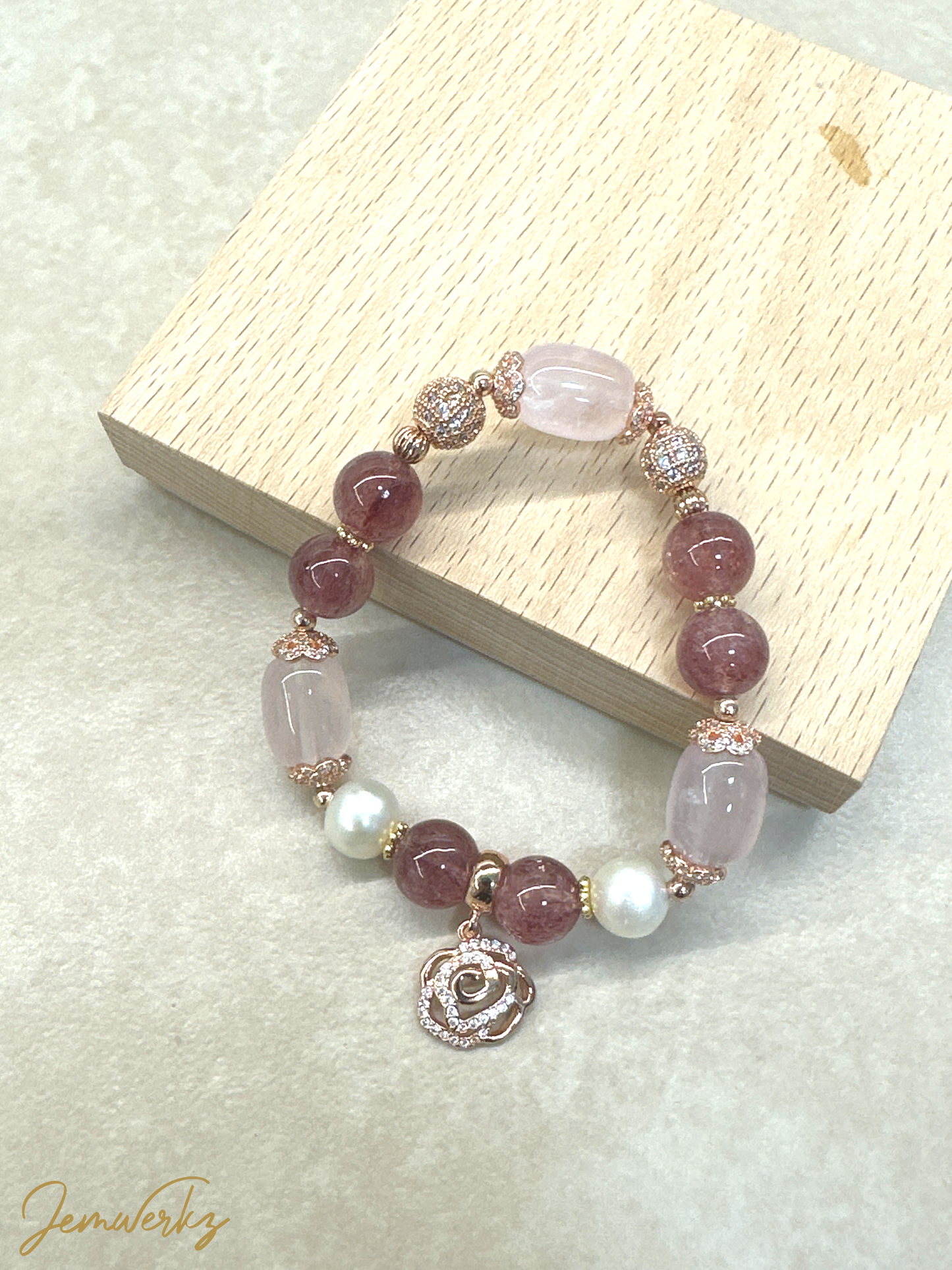 RIRIKA 1.4 - Rose Quartz Barrel, Strawberry Quartz with Freshwater Pearl Bracelet with Leaf Charm