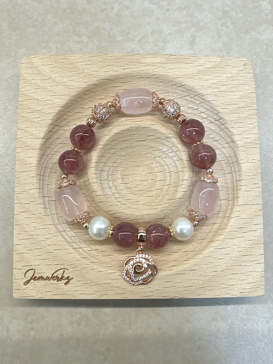 RIRIKA 1.4 - Rose Quartz Barrel, Strawberry Quartz with Freshwater Pearl Bracelet with Leaf Charm