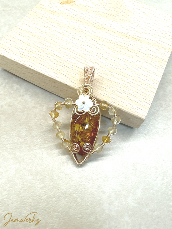 ARVILLA - Amber Wire-wrapped Pendant with Faceted Citrine and Pearl Shell Flower