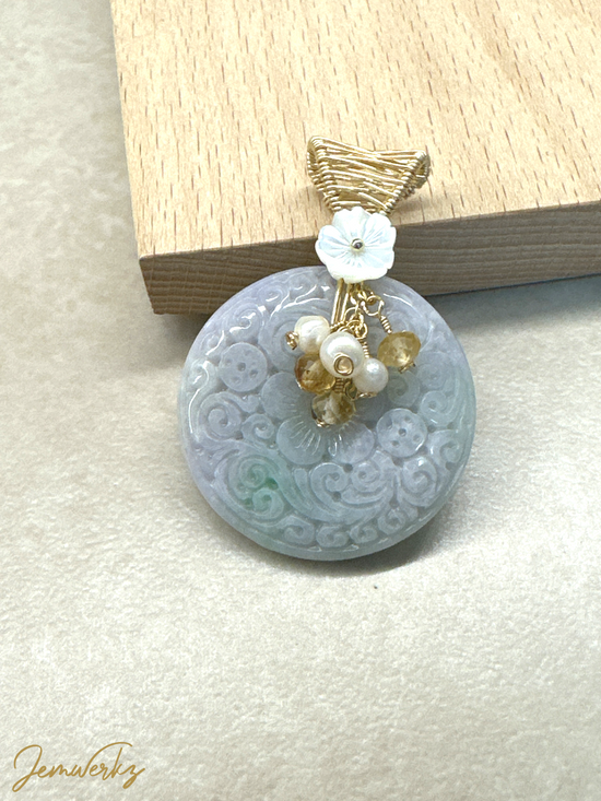 JOVIE - Carved Jade Donut Wire-wrapped Pendant
