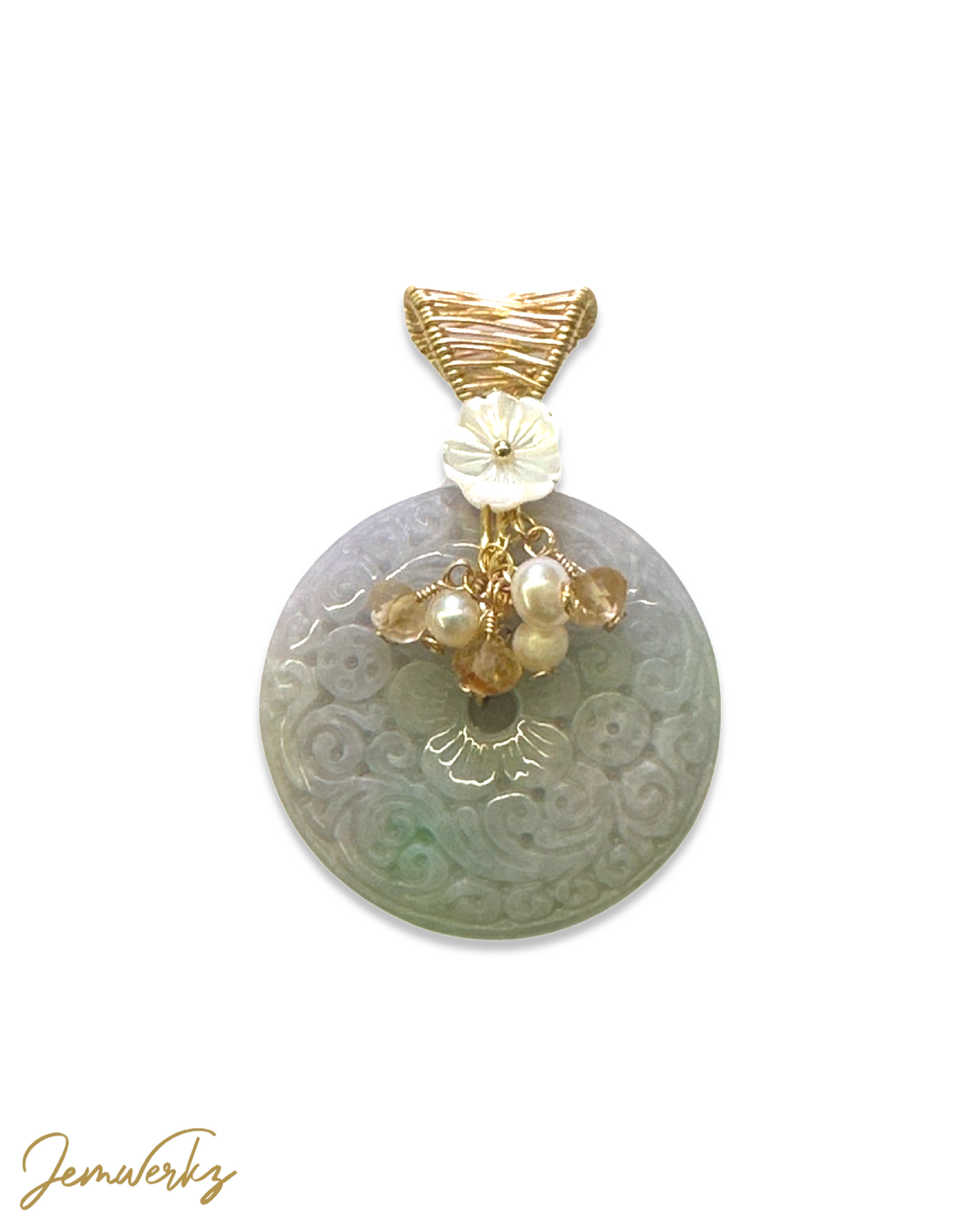 JOVIE - Carved Jade Donut Wire-wrapped Pendant