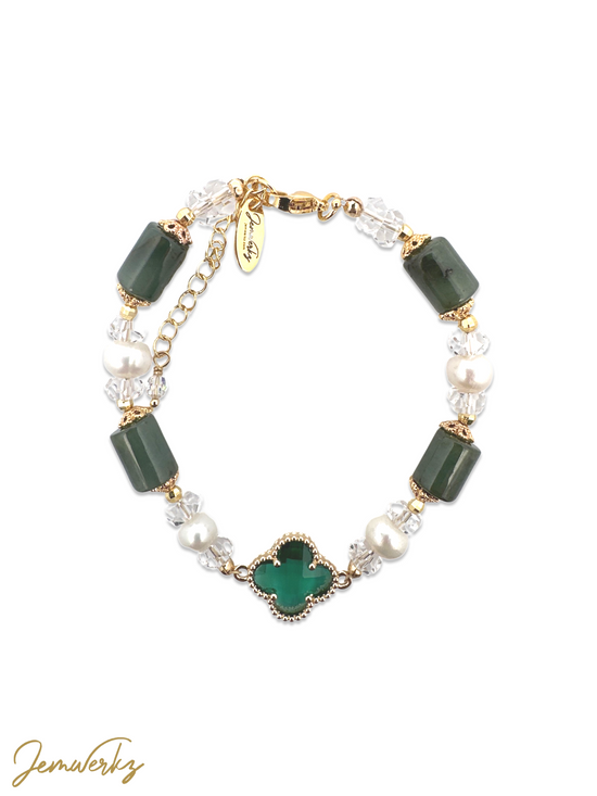 JULISSA - Green Clover with Jade Barrel, Faceted Clear Quartz and Freshwater Pearls Bracelet