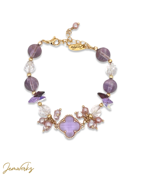 CHIYOKO 1.1 - Purple Clover with Amethyst, Clear Quartz and Pink Freshwater Pearls Bracelet