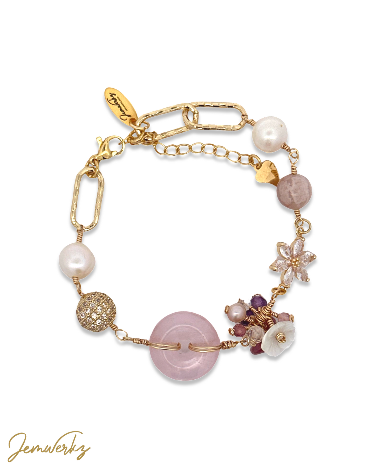 RAINE - Rose Quartz Donut, Pink Tourmaline, Sakura Agate, Freshwater Pearl Bracelet