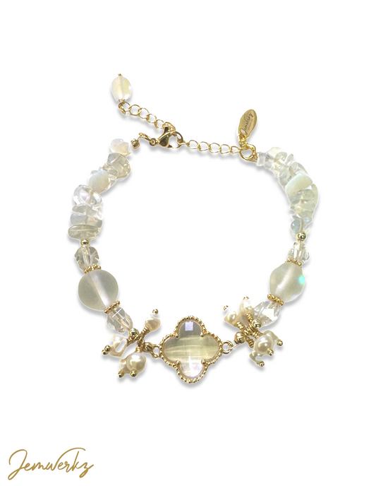 ORLI - Clear Clover with Opalite Chips, Aura Beads, Freshwater Pearls and Clear Quartz Bracelet