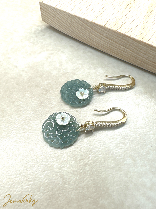 Load image into Gallery viewer, JYAN - Bluewater Carved Jade with Pearl Shell Flower Earrings
