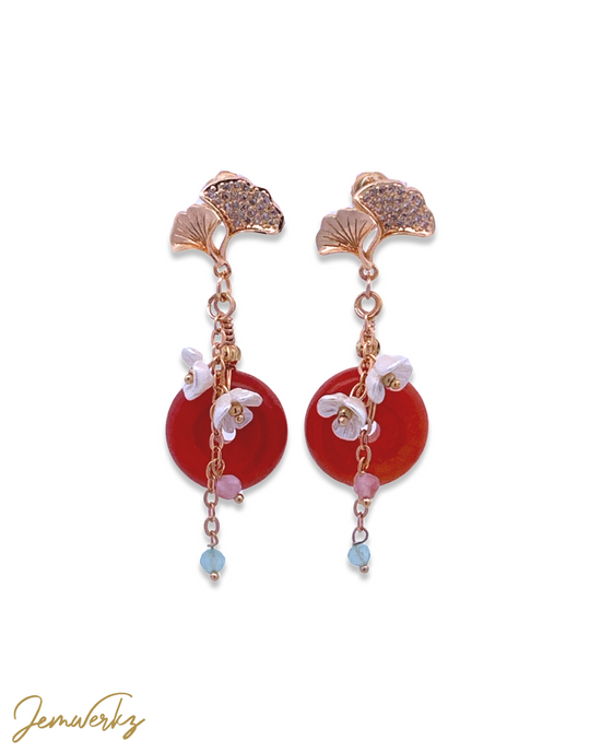 JOURNI - Red Jade Donut with Pearl Shell Flower Earrings