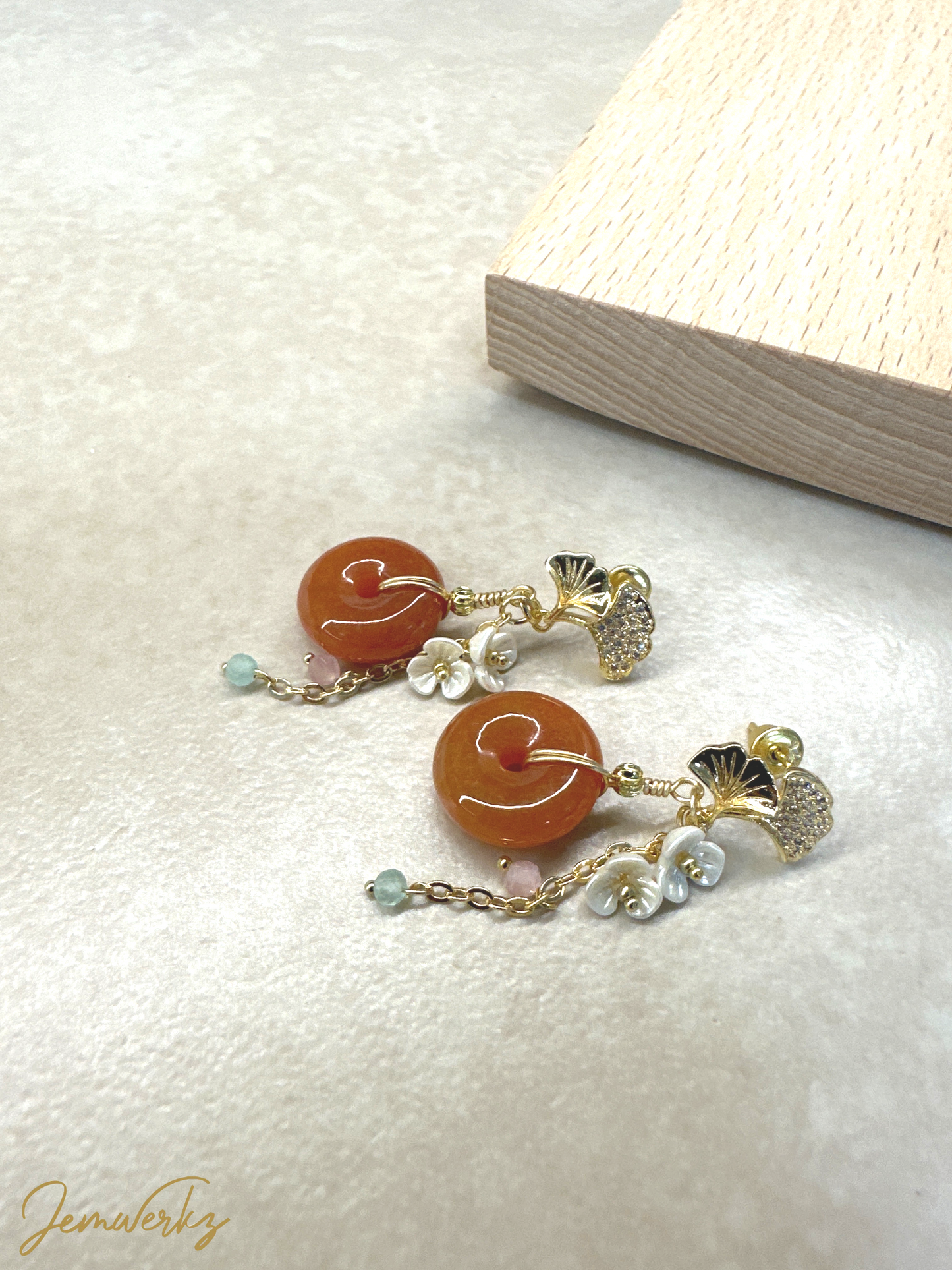 JOURNI - Red Jade Donut with Pearl Shell Flower Earrings