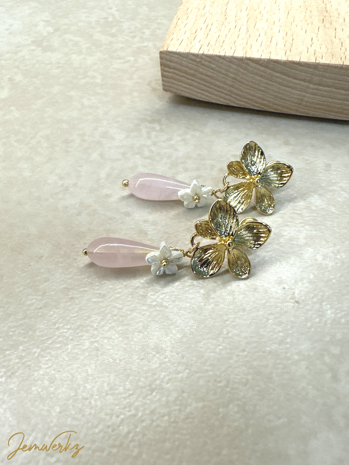 REBEL - Rose Quartz Teardrop with Pearl Shell Flowers Earrings