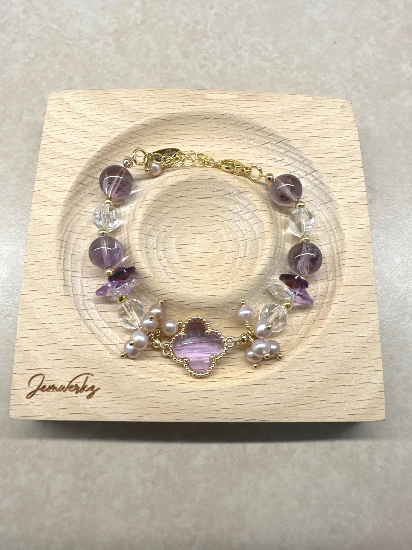 CHIYOKO 1.1 - Purple Clover with Amethyst, Clear Quartz and Pink Freshwater Pearls Bracelet