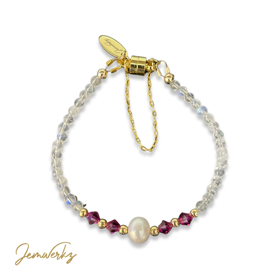 MIU - Moonstone beads, Pink Swarovski Crystals and a Freshwater Pearl Bracelet