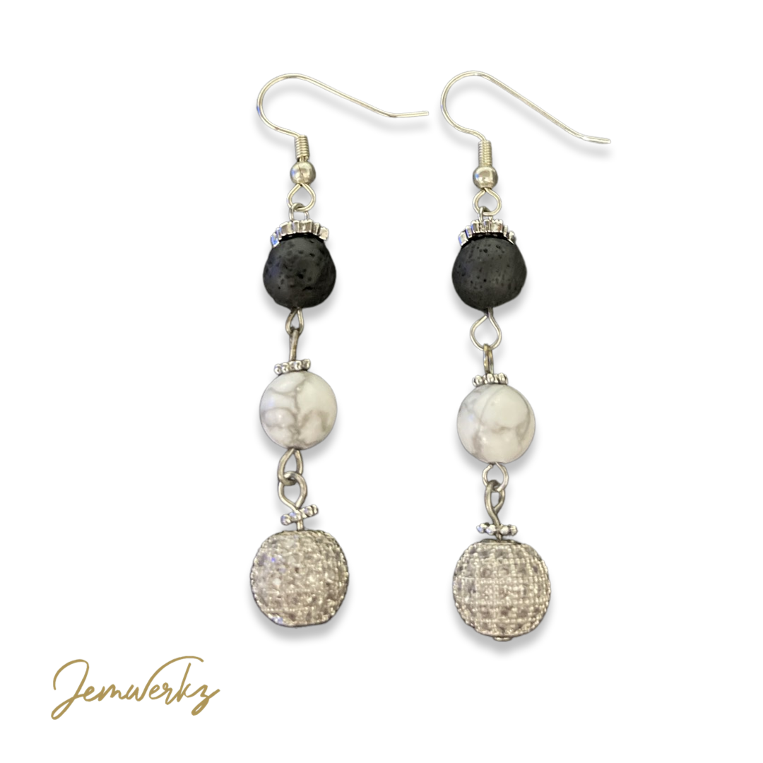 HENLEY - Howlite, Lava Stones and Silver Disco Ball Earrings