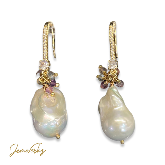 PERLA - Baroque Pearl with Fluorite Cluster Earrings