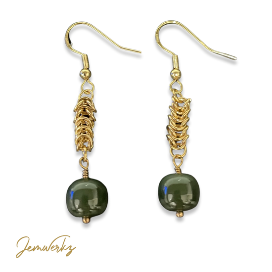 JUNO - Nephrite Jade with Byzantine Chainmaille Earrings