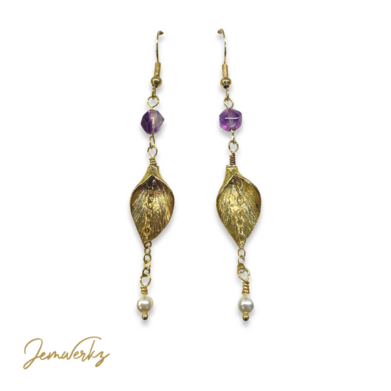 Load image into Gallery viewer, FIIA - Gold Leaf and Dangling Pearl Fluorite Earrings
