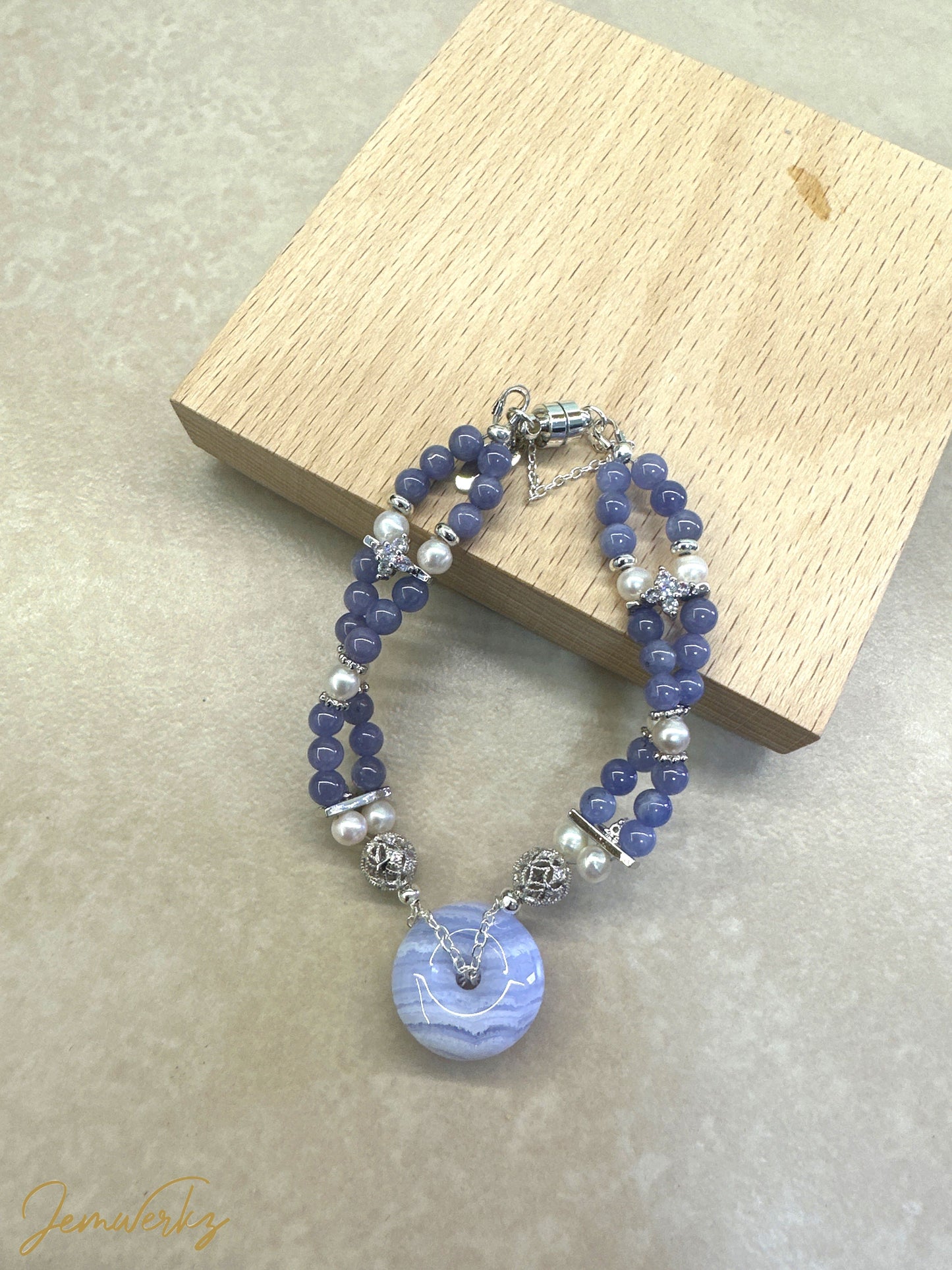 BEATRICE - Blue Lace Agate Donut with Tanzanite and Freshwater Pearl Bracelet (Gold/ Silver)