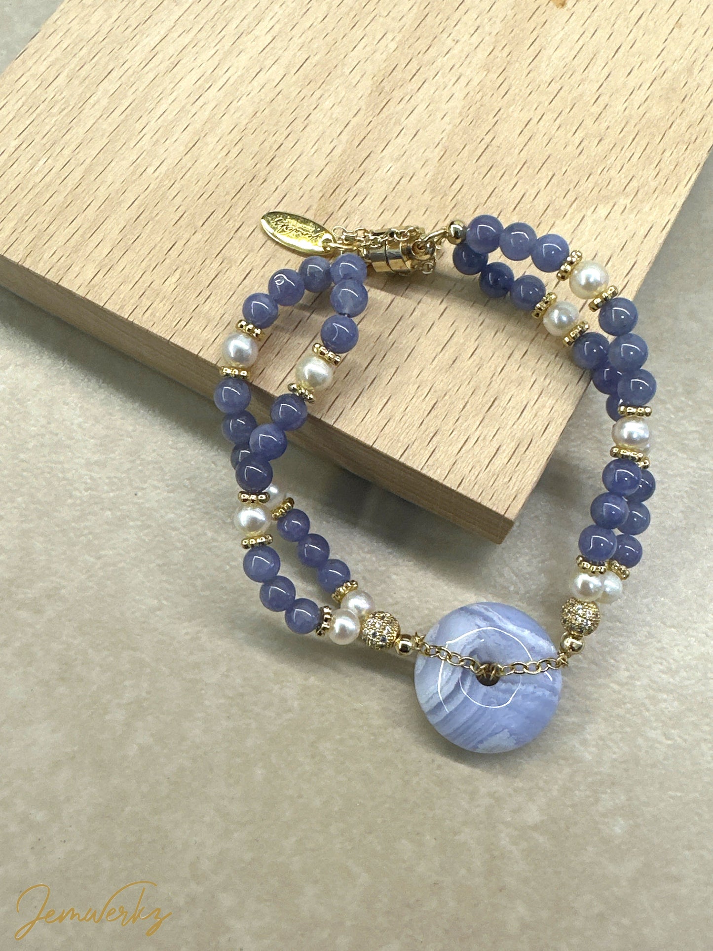 BEATRICE - Blue Lace Agate Donut with Tanzanite and Freshwater Pearl Bracelet (Gold/ Silver)