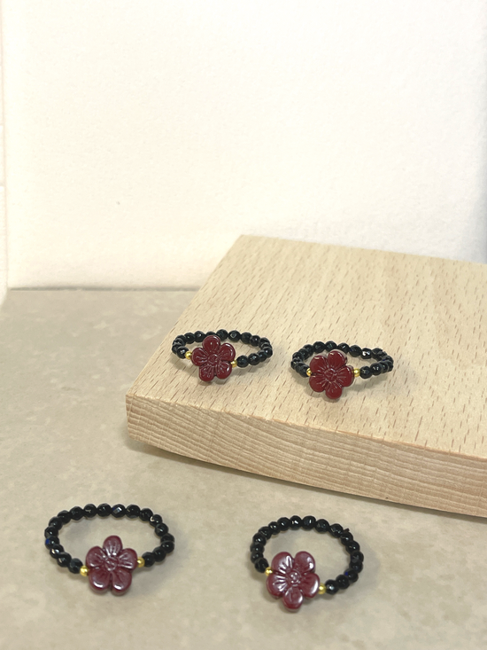 Load image into Gallery viewer, CHERE - Cinnabar Flower with Faceted Black Agate Ring
