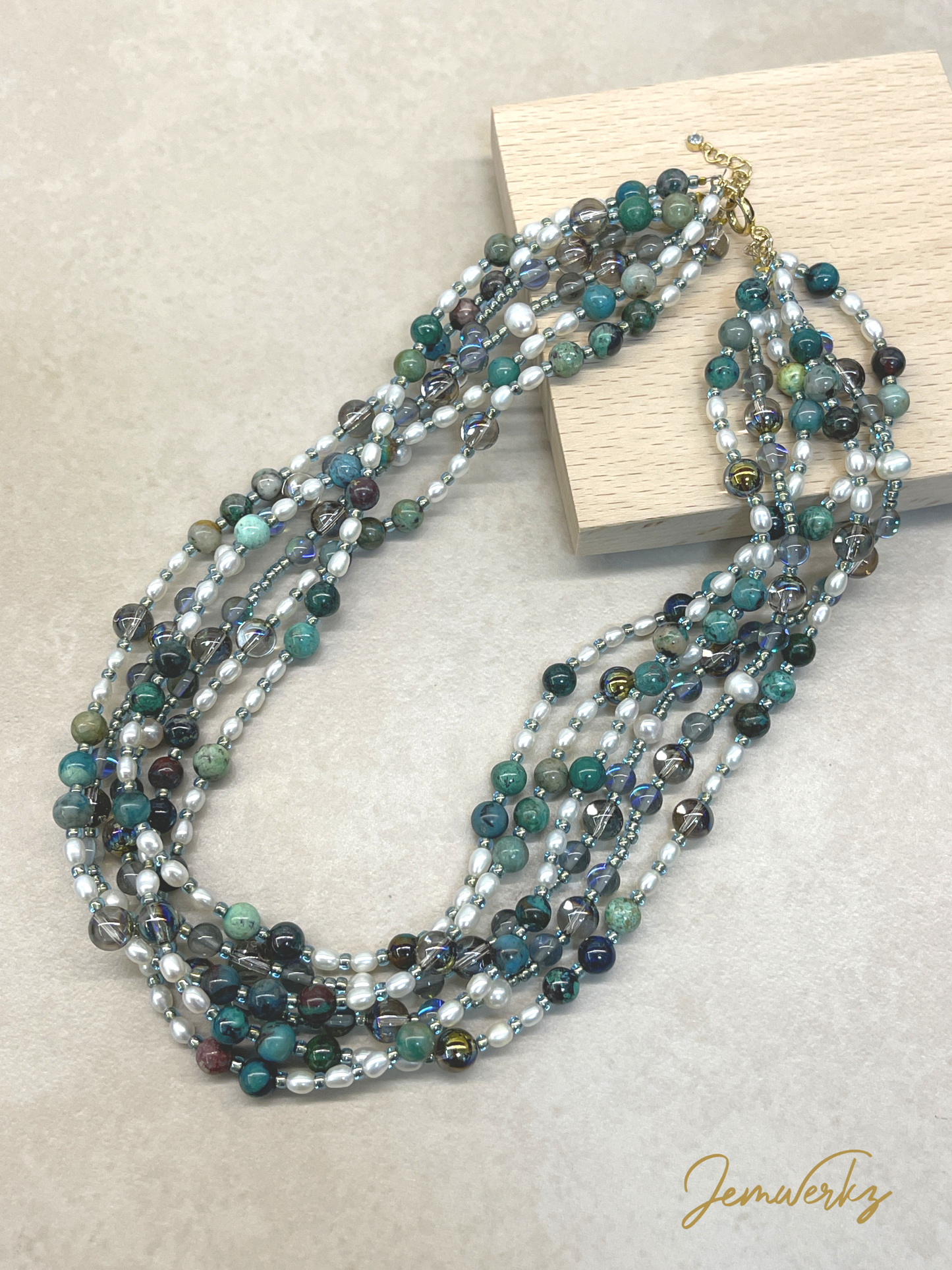 CARLY - Chrysocolla, Freshwater Pearls, Swarovski Crystal Beads Necklace