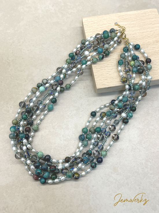 Load image into Gallery viewer, CARLY - Chrysocolla, Freshwater Pearls, Swarovski Crystal Beads Necklace

