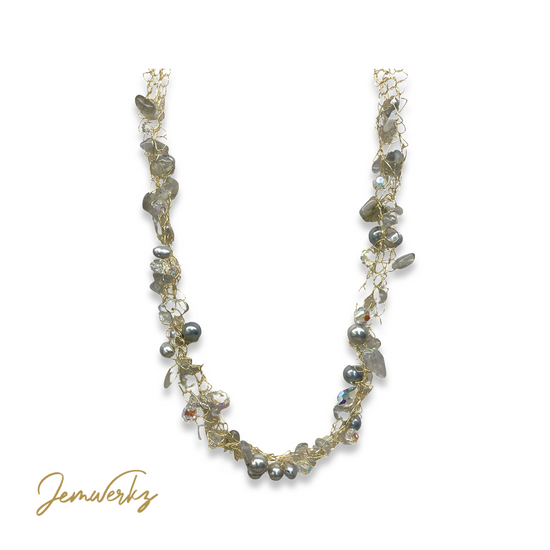 Load image into Gallery viewer, LUVELLE - Wire-crochet Labradorite Chips, Freshwater Pearls and Swarovski Crystals Necklace
