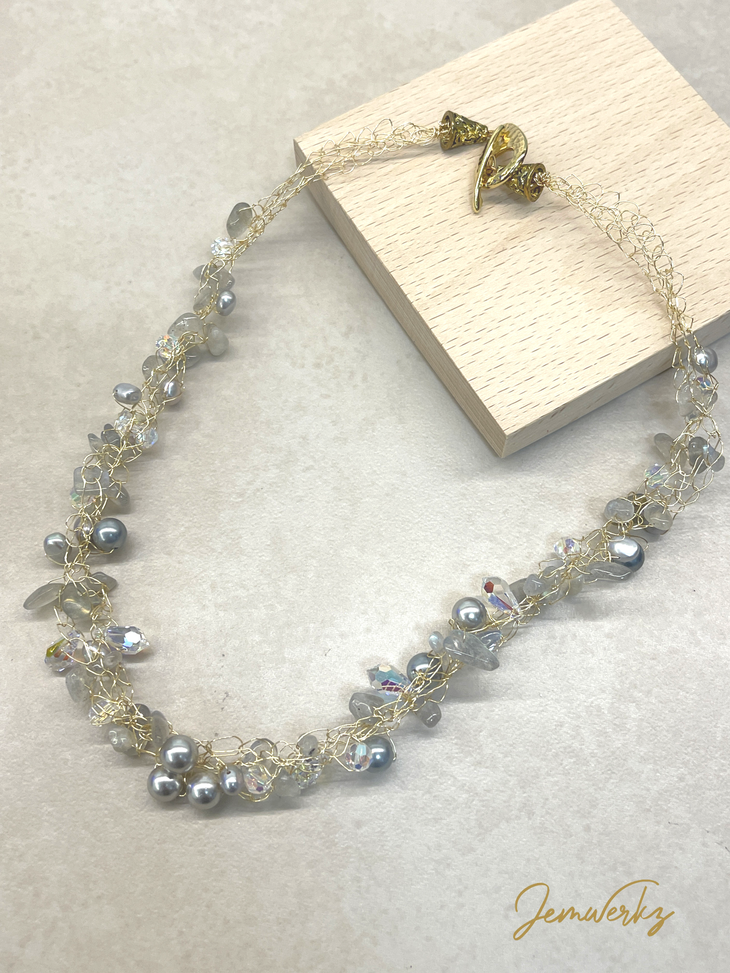 LUVELLE - Wire-crochet Labradorite Chips, Freshwater Pearls and Swarovski Crystals Necklace