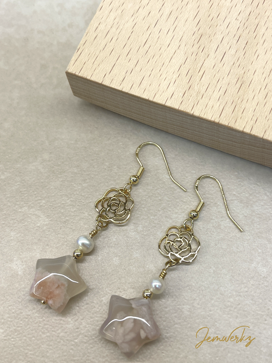Load image into Gallery viewer, SOFIE 1.0 - Sakura Agate Star and Freshwater Pearls Earrings
