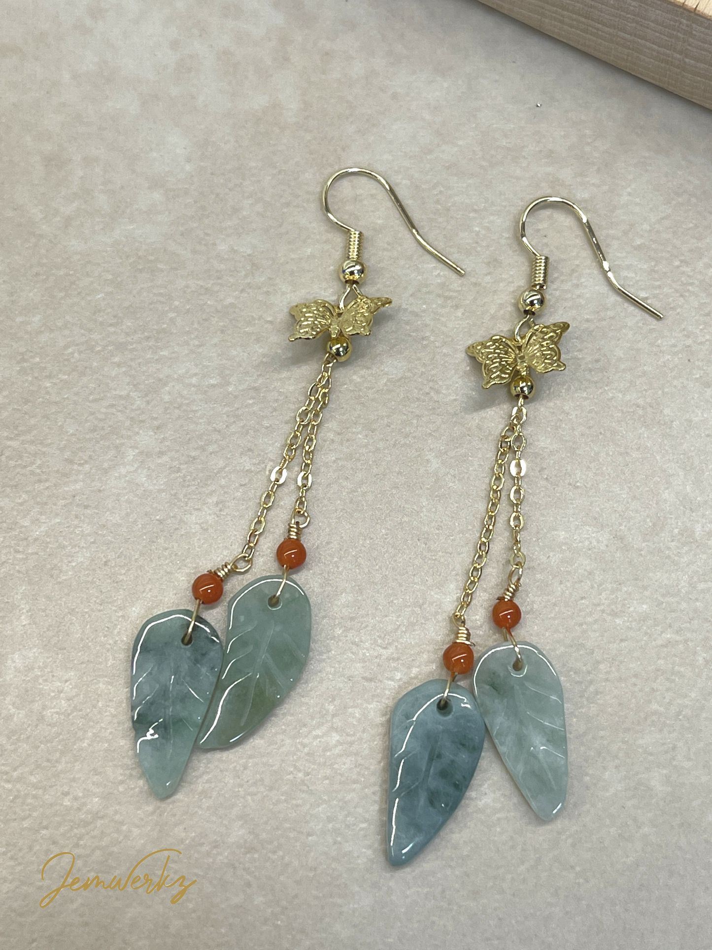 JADA - Jade Leaf and Red Agate Handmade Earrings