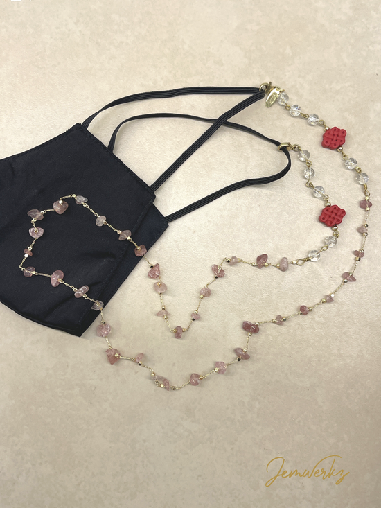 SHERRY - Strawberry Quartz, Clear Quartz and Red Chinese Infinity Knot Mask Chain
